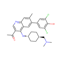 CC(=O)c1cnc2cc(C)c(-c3cc(Cl)c(O)c(Cl)c3)cc2c1N[C@H]1CC[C@H](CN(C)C)CC1 ZINC000473183025