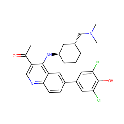 CC(=O)c1cnc2ccc(-c3cc(Cl)c(O)c(Cl)c3)cc2c1N[C@@H]1CCC[C@@H](CN(C)C)C1 ZINC000114034557