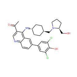 CC(=O)c1cnc2ccc(-c3cc(Cl)c(O)c(Cl)c3)cc2c1N[C@H]1CC[C@H](CN2CCC[C@H]2CO)CC1 ZINC000473179770