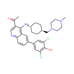 CC(=O)c1cnc2ccc(-c3cc(Cl)c(O)c(Cl)c3)cc2c1N[C@H]1CC[C@H](CN2CCN(C)CC2)CC1 ZINC000473179713