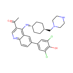 CC(=O)c1cnc2ccc(-c3cc(Cl)c(O)c(Cl)c3)cc2c1N[C@H]1CC[C@H](CN2CCNCC2)CC1 ZINC000473179718