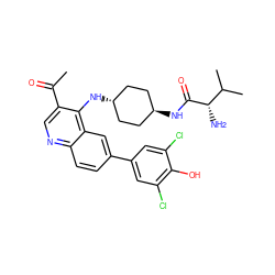 CC(=O)c1cnc2ccc(-c3cc(Cl)c(O)c(Cl)c3)cc2c1N[C@H]1CC[C@H](NC(=O)[C@@H](N)C(C)C)CC1 ZINC000473198576