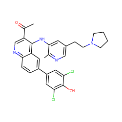 CC(=O)c1cnc2ccc(-c3cc(Cl)c(O)c(Cl)c3)cc2c1Nc1cc(CCN2CCCC2)cnc1C ZINC000219355284