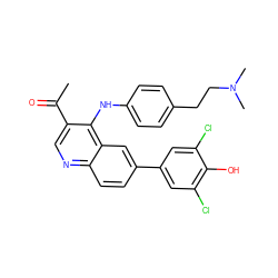 CC(=O)c1cnc2ccc(-c3cc(Cl)c(O)c(Cl)c3)cc2c1Nc1ccc(CCN(C)C)cc1 ZINC000114034315