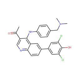 CC(=O)c1cnc2ccc(-c3cc(Cl)c(O)c(Cl)c3)cc2c1Nc1ccc(CN(C)C)cc1 ZINC000203982111