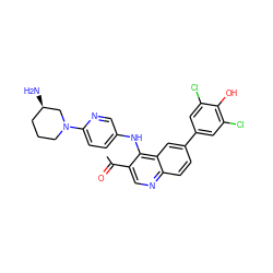 CC(=O)c1cnc2ccc(-c3cc(Cl)c(O)c(Cl)c3)cc2c1Nc1ccc(N2CCC[C@@H](N)C2)nc1 ZINC000114037935