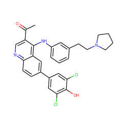 CC(=O)c1cnc2ccc(-c3cc(Cl)c(O)c(Cl)c3)cc2c1Nc1cccc(CCN2CCCC2)c1 ZINC000114035097