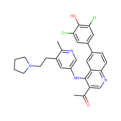 CC(=O)c1cnc2ccc(-c3cc(Cl)c(O)c(Cl)c3)cc2c1Nc1cnc(C)c(CCN2CCCC2)c1 ZINC000219372749