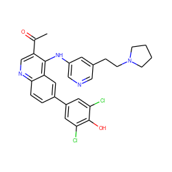 CC(=O)c1cnc2ccc(-c3cc(Cl)c(O)c(Cl)c3)cc2c1Nc1cncc(CCN2CCCC2)c1 ZINC000114037824