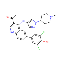 CC(=O)c1cnc2ccc(-c3cc(Cl)c(O)c(Cl)c3)cc2c1Nc1cnn(C2CCN(C)CC2)c1 ZINC000114037887