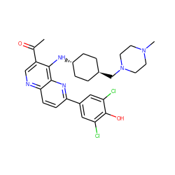 CC(=O)c1cnc2ccc(-c3cc(Cl)c(O)c(Cl)c3)nc2c1N[C@H]1CC[C@H](CN2CCN(C)CC2)CC1 ZINC000473164979