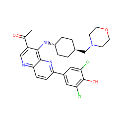 CC(=O)c1cnc2ccc(-c3cc(Cl)c(O)c(Cl)c3)nc2c1N[C@H]1CC[C@H](CN2CCOCC2)CC1 ZINC000473213511