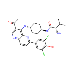 CC(=O)c1cnc2ccc(-c3cc(Cl)c(O)c(Cl)c3)nc2c1N[C@H]1CC[C@H](NC(=O)[C@@H](N)C(C)C)CC1 ZINC000473164984