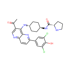 CC(=O)c1cnc2ccc(-c3cc(Cl)c(O)c(Cl)c3)nc2c1N[C@H]1CC[C@H](NC(=O)[C@@H]2CCCN2)CC1 ZINC000473165263