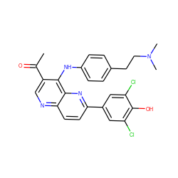 CC(=O)c1cnc2ccc(-c3cc(Cl)c(O)c(Cl)c3)nc2c1Nc1ccc(CCN(C)C)cc1 ZINC000473213481