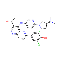 CC(=O)c1cnc2ccc(-c3cc(Cl)c(O)c(Cl)c3)nc2c1Nc1ccc(N2CC[C@@H](N(C)C)C2)nc1 ZINC000473213453