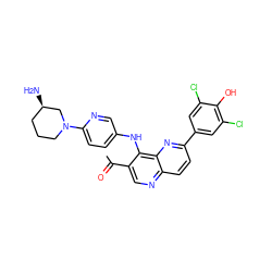 CC(=O)c1cnc2ccc(-c3cc(Cl)c(O)c(Cl)c3)nc2c1Nc1ccc(N2CCC[C@@H](N)C2)nc1 ZINC000473164816