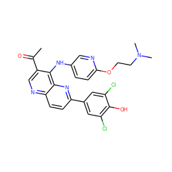 CC(=O)c1cnc2ccc(-c3cc(Cl)c(O)c(Cl)c3)nc2c1Nc1ccc(OCCN(C)C)nc1 ZINC000473213418