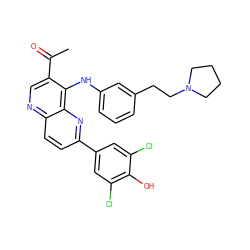 CC(=O)c1cnc2ccc(-c3cc(Cl)c(O)c(Cl)c3)nc2c1Nc1cccc(CCN2CCCC2)c1 ZINC000473213497