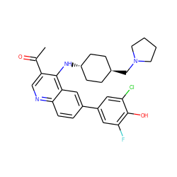 CC(=O)c1cnc2ccc(-c3cc(F)c(O)c(Cl)c3)cc2c1N[C@H]1CC[C@H](CN2CCCC2)CC1 ZINC000473164983