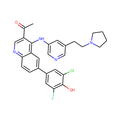 CC(=O)c1cnc2ccc(-c3cc(F)c(O)c(Cl)c3)cc2c1Nc1cncc(CCN2CCCC2)c1 ZINC000114034142