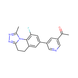 CC(=O)c1cncc(-c2cc(F)c3c(c2)CCc2nnc(C)n2-3)c1 ZINC000141838188