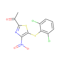 CC(=O)c1nc([N+](=O)[O-])c(Sc2c(Cl)cccc2Cl)s1 ZINC001772615954