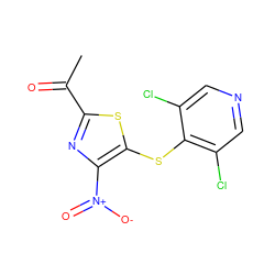 CC(=O)c1nc([N+](=O)[O-])c(Sc2c(Cl)cncc2Cl)s1 ZINC001772628420