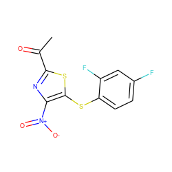 CC(=O)c1nc([N+](=O)[O-])c(Sc2ccc(F)cc2F)s1 ZINC001772634065