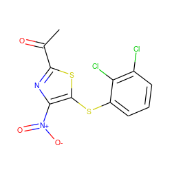 CC(=O)c1nc([N+](=O)[O-])c(Sc2cccc(Cl)c2Cl)s1 ZINC001772634812