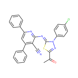 CC(=O)c1nn(-c2ccc(Cl)cc2)/c(=N/c2nc(-c3ccccc3)cc(-c3ccccc3)c2C#N)s1 ZINC000299862874