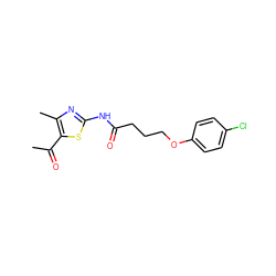 CC(=O)c1sc(NC(=O)CCCOc2ccc(Cl)cc2)nc1C ZINC000001903886