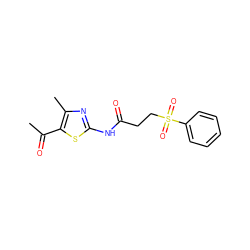 CC(=O)c1sc(NC(=O)CCS(=O)(=O)c2ccccc2)nc1C ZINC000004325508