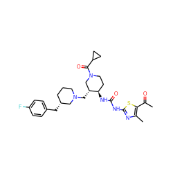 CC(=O)c1sc(NC(=O)N[C@@H]2CCN(C(=O)C3CC3)C[C@H]2CN2CCC[C@@H](Cc3ccc(F)cc3)C2)nc1C ZINC000028975271