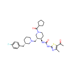 CC(=O)c1sc(NC(=O)N[C@@H]2CCN(C(=O)C3CCCC3)C[C@H]2CN2CCC[C@@H](Cc3ccc(F)cc3)C2)nc1C ZINC000028975235