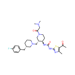 CC(=O)c1sc(NC(=O)N[C@@H]2CCN(C(=O)CN(C)C)C[C@H]2CN2CCC[C@@H](Cc3ccc(F)cc3)C2)nc1C ZINC000028975299