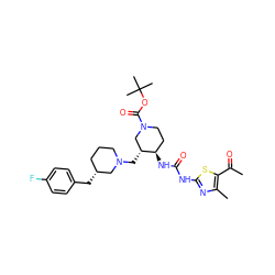 CC(=O)c1sc(NC(=O)N[C@@H]2CCN(C(=O)OC(C)(C)C)C[C@H]2CN2CCC[C@@H](Cc3ccc(F)cc3)C2)nc1C ZINC000028975167