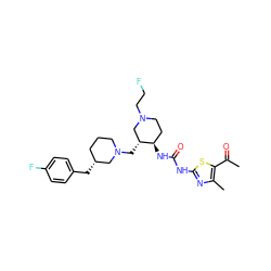 CC(=O)c1sc(NC(=O)N[C@@H]2CCN(CCF)C[C@H]2CN2CCC[C@@H](Cc3ccc(F)cc3)C2)nc1C ZINC000028975324