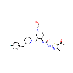 CC(=O)c1sc(NC(=O)N[C@@H]2CCN(CCO)C[C@H]2CN2CCC[C@@H](Cc3ccc(F)cc3)C2)nc1C ZINC000028975351