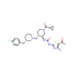 CC(=O)c1sc(NC(=O)N[C@@H]2CN(C(=O)C3CC3)CC[C@H]2CN2CCC[C@@H](Cc3ccc(F)cc3)C2)nc1C ZINC000028975386