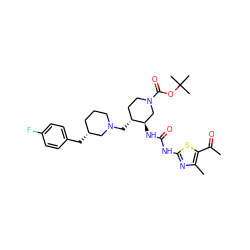 CC(=O)c1sc(NC(=O)N[C@@H]2CN(C(=O)OC(C)(C)C)CC[C@H]2CN2CCC[C@@H](Cc3ccc(F)cc3)C2)nc1C ZINC000028975177