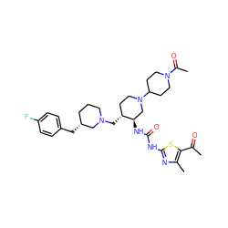 CC(=O)c1sc(NC(=O)N[C@@H]2CN(C3CCN(C(C)=O)CC3)CC[C@H]2CN2CCC[C@@H](Cc3ccc(F)cc3)C2)nc1C ZINC000028975447