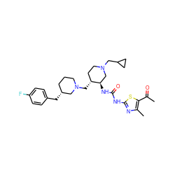 CC(=O)c1sc(NC(=O)N[C@@H]2CN(CC3CC3)CC[C@H]2CN2CCC[C@@H](Cc3ccc(F)cc3)C2)nc1C ZINC000028975443