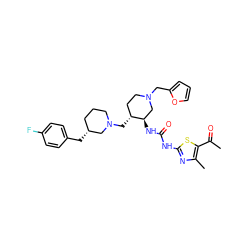 CC(=O)c1sc(NC(=O)N[C@@H]2CN(Cc3ccco3)CC[C@H]2CN2CCC[C@@H](Cc3ccc(F)cc3)C2)nc1C ZINC000028975423