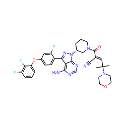 CC(C)(/C=C(\C#N)C(=O)N1CCC[C@@H](n2nc(-c3ccc(Oc4cccc(F)c4F)cc3F)c3c(N)ncnc32)C1)N1CCOCC1 ZINC000205479471