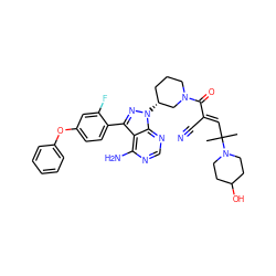 CC(C)(/C=C(\C#N)C(=O)N1CCC[C@@H](n2nc(-c3ccc(Oc4ccccc4)cc3F)c3c(N)ncnc32)C1)N1CCC(O)CC1 ZINC000223571268