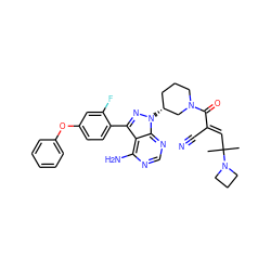 CC(C)(/C=C(\C#N)C(=O)N1CCC[C@@H](n2nc(-c3ccc(Oc4ccccc4)cc3F)c3c(N)ncnc32)C1)N1CCC1 ZINC000223571519