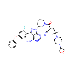 CC(C)(/C=C(\C#N)C(=O)N1CCC[C@@H](n2nc(-c3ccc(Oc4ccccc4)cc3F)c3c(N)ncnc32)C1)N1CCN(C2COC2)CC1 ZINC000207730864