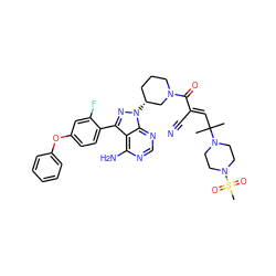 CC(C)(/C=C(\C#N)C(=O)N1CCC[C@@H](n2nc(-c3ccc(Oc4ccccc4)cc3F)c3c(N)ncnc32)C1)N1CCN(S(C)(=O)=O)CC1 ZINC000207750096