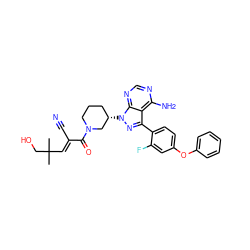 CC(C)(/C=C(\C#N)C(=O)N1CCC[C@H](n2nc(-c3ccc(Oc4ccccc4)cc3F)c3c(N)ncnc32)C1)CO ZINC000224349344